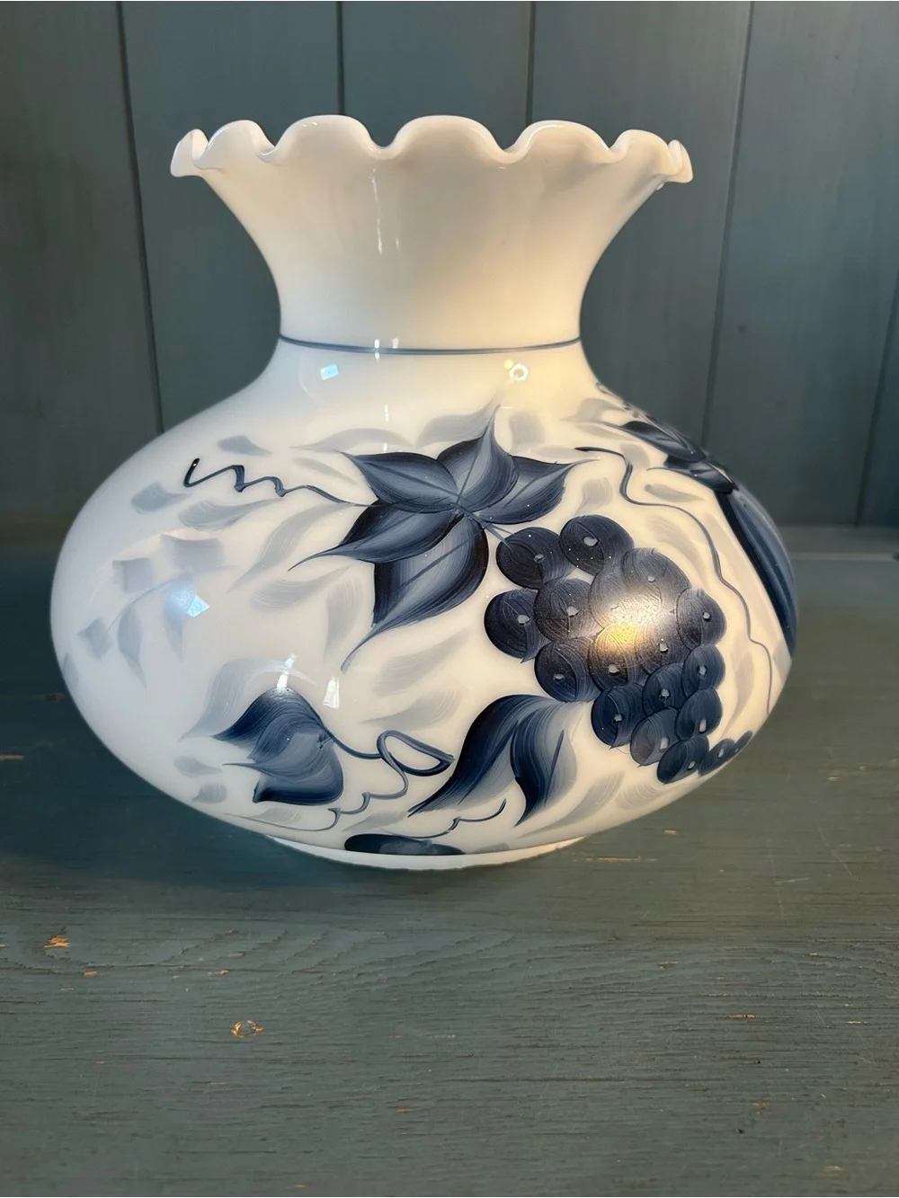 Vintage Blue and White Fruit Motif Handprinted Glass Lampshade-Gone w/ The Wind